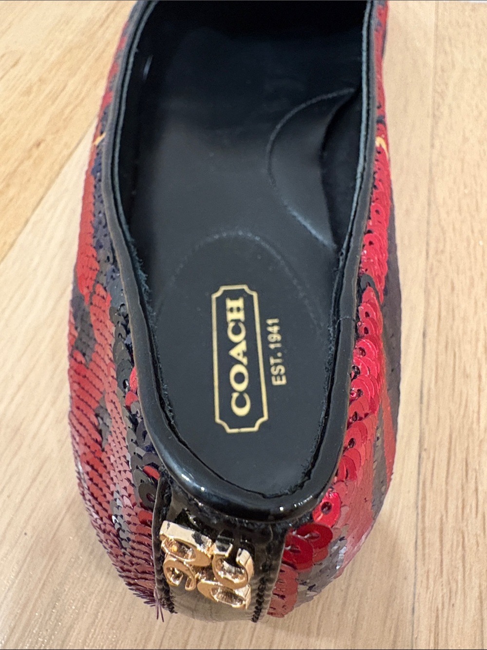 Coach Sequined Plaid Flats in Red, Black & Gold - Picture 6 of 7